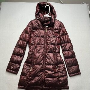 Calvin Klein Women Packable Lightweight Down Puffer‎ Coat Burgundy Hooded Size S